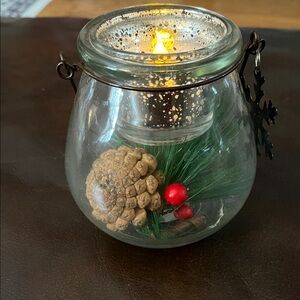 Glass Candle Holder with Pinecone and Red Berries